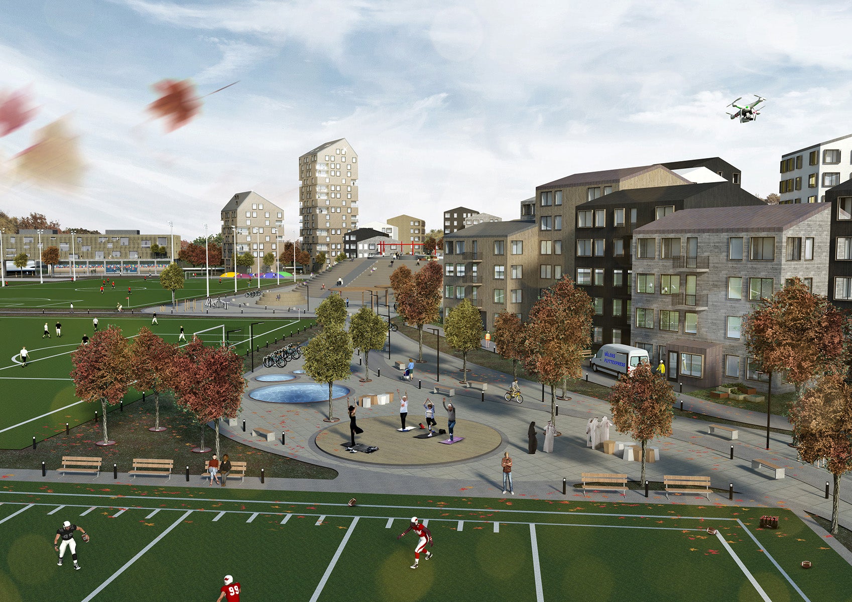Rendering över Välen Park. Höstlöv som blåser i vinden.