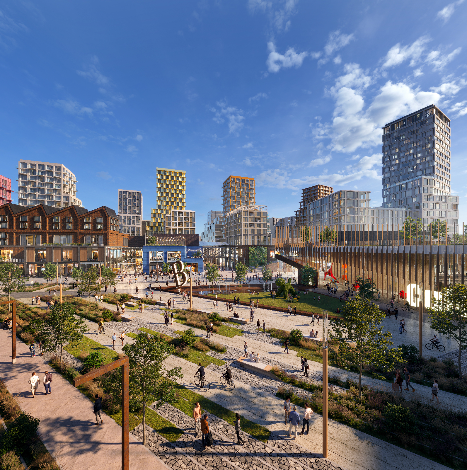 Stadsmässig rendering över nya Backaplan i Göteborg.